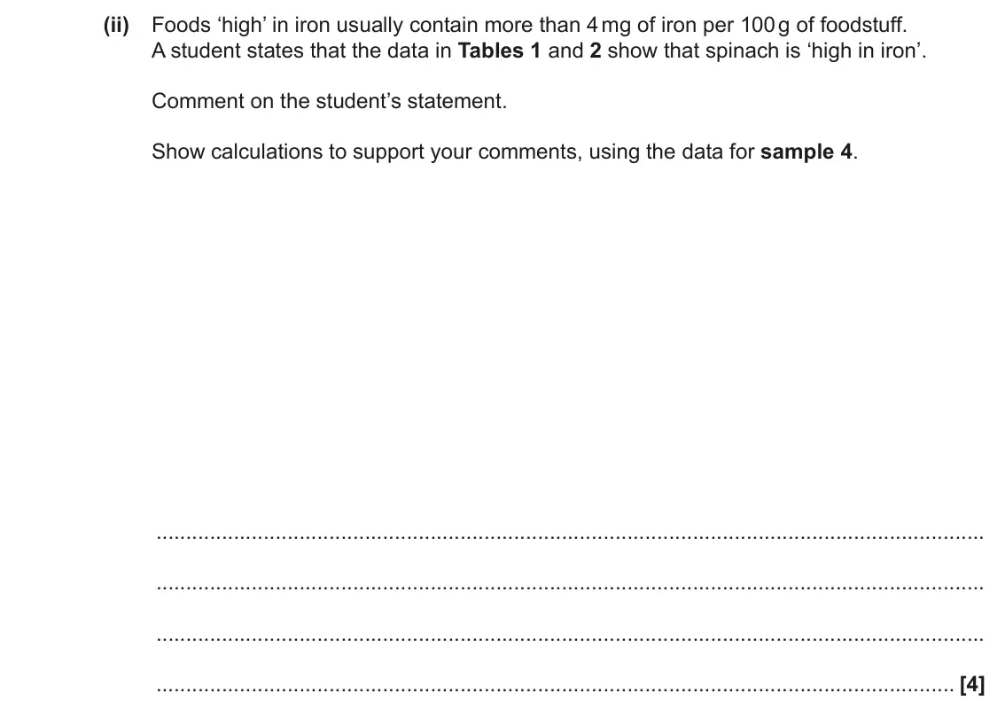 June 2019 Paper 3, question 4(b)(ii): Foods ‘high’ in iron usually contain more than 4 mg of iron per 100 g of foodstuff. A student states that the data in Tables 1 and 2 show that spinach is ‘high 