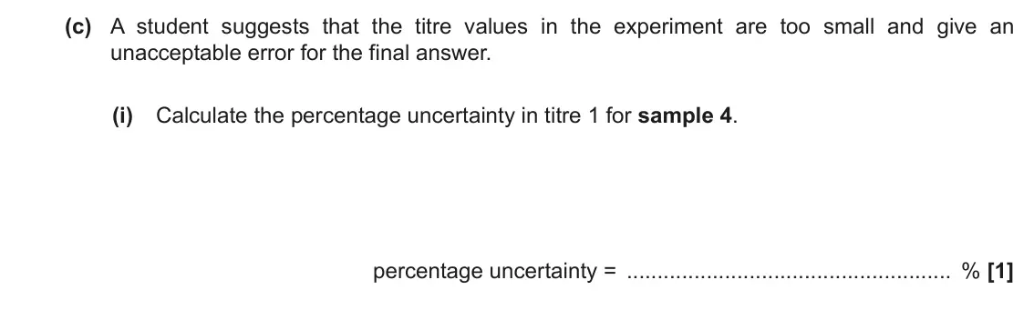 June 2019 Paper 3, question 4(c)(i): Calculate the percentage uncertainty in titre 1 for sample 4. percentage uncertainty = % [1]
