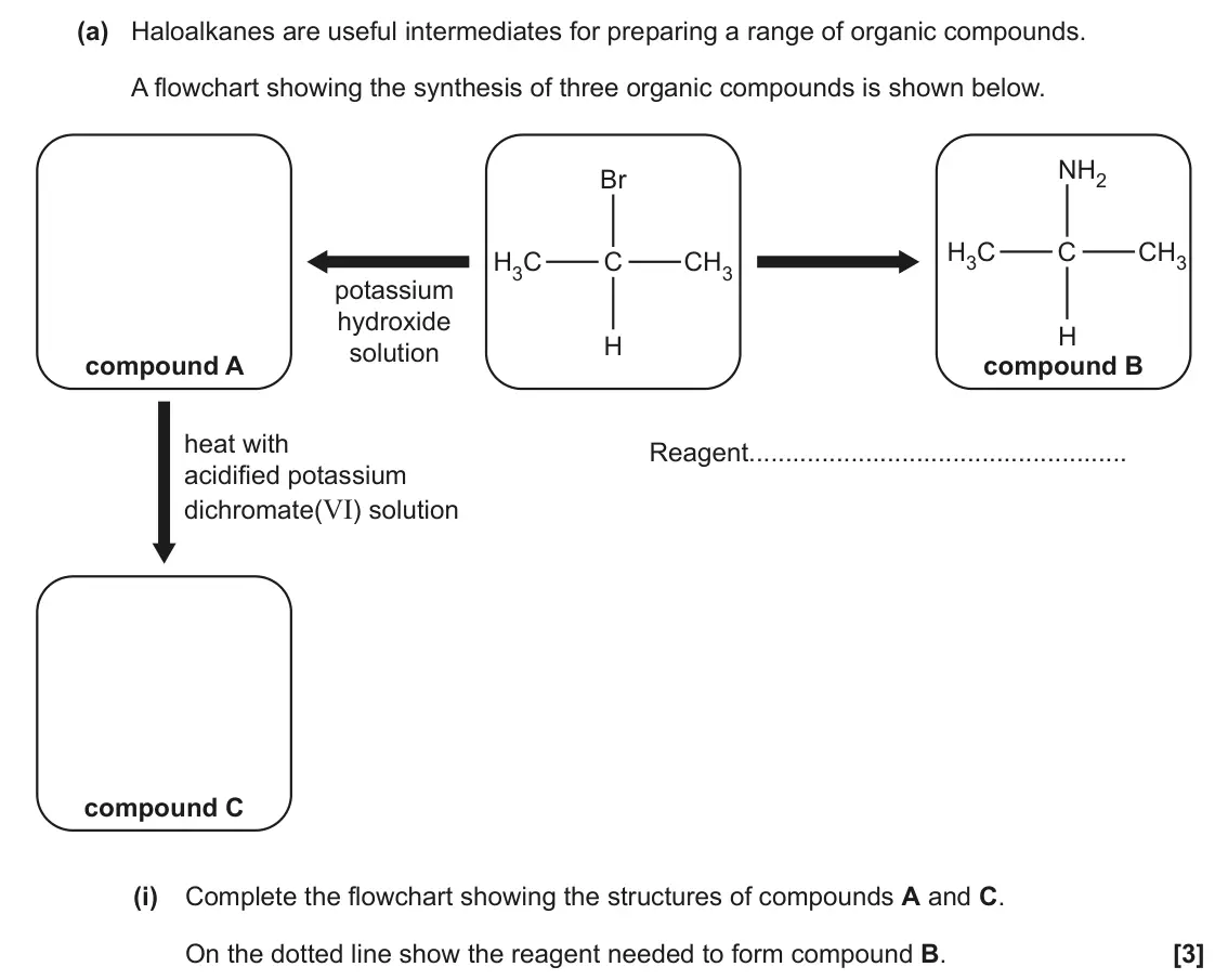 June 2022 Paper 3, question 1(a)(i): Complete the flowchart showing the structures of compounds A and C. On the dotted line show the reagent needed to form compound B. [3]