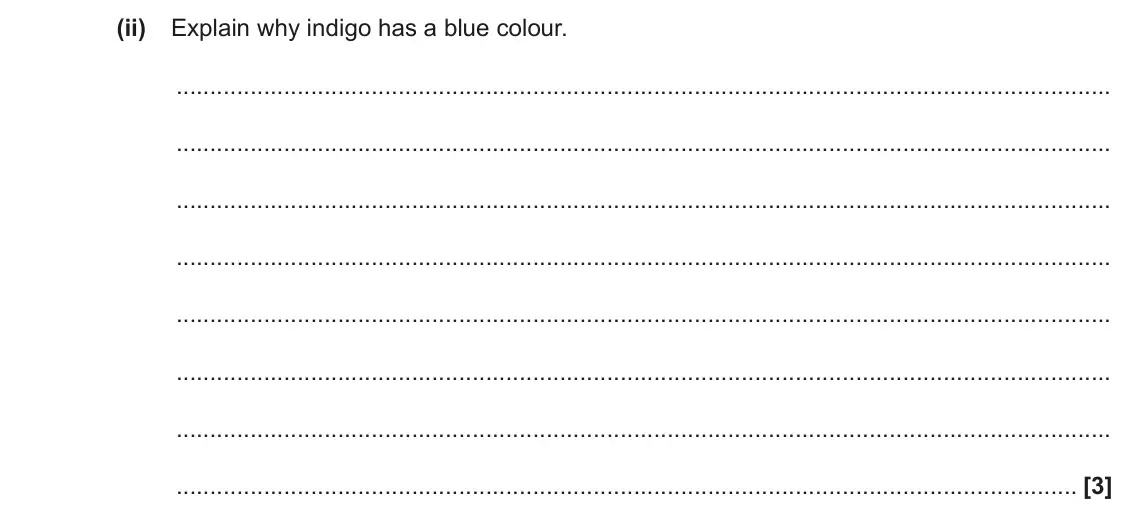 June 2023 Paper 3, question 3(b)(ii): Explain why indigo has a blue colour. [3]