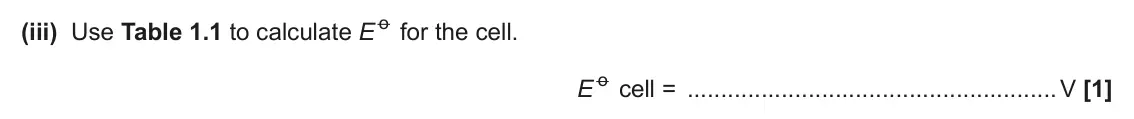 June 2024 Paper 3, question 1(b)(iii): Use Table 1.1 to calculate E o for the cell. E o cell = V [1]