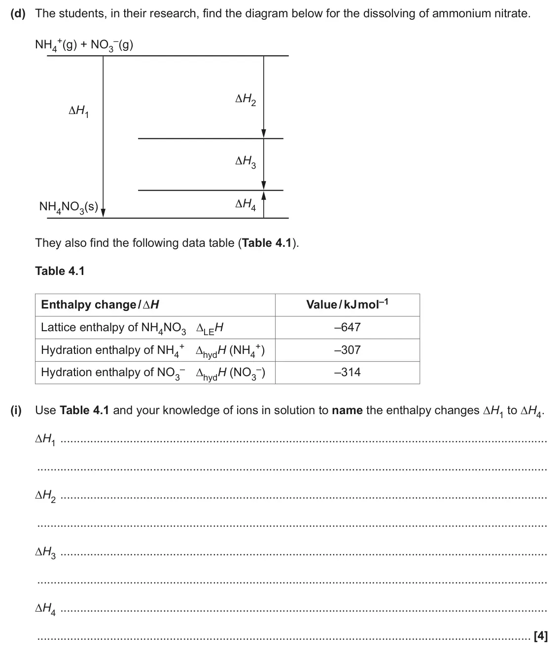June 2024 Paper 3, question 4(d)(i): Use Table 4.1 and your knowledge of ions in solution to name the enthalpy changes ∆H1 to ∆H4. ∆H1 ∆H2 ∆H3 ∆H4 [4]