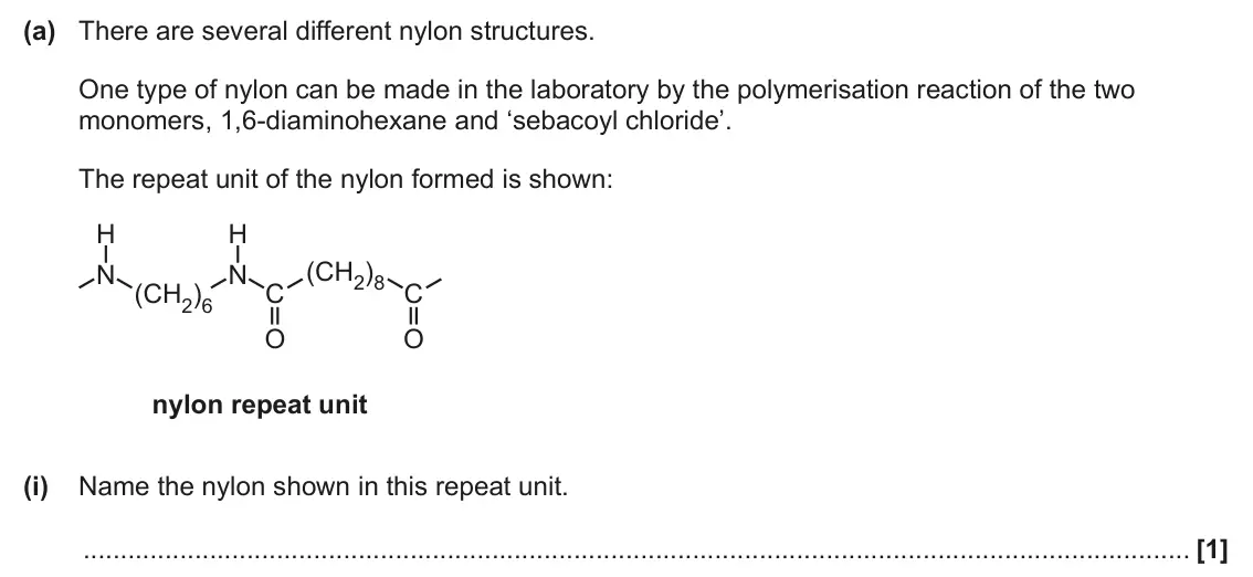 June 2025 Paper 3, question 2(a)(i): Name the nylon shown in this repeat unit. [1]