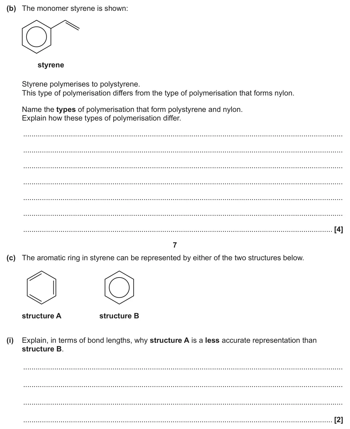 June 2025 Paper 3, question 2(b)(i): Explain, in terms of bond lengths, why structure A is a less accurate representation than structure B. [2]