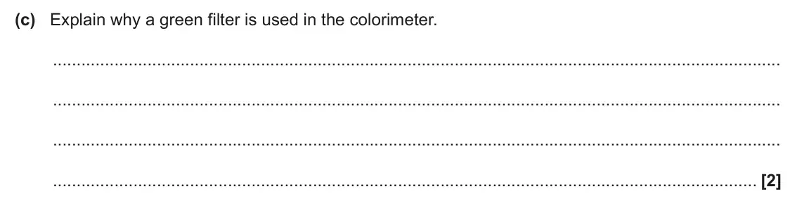 June 2025 Paper 3, question 4(c): Explain why a green filter is used in the colorimeter. [2]