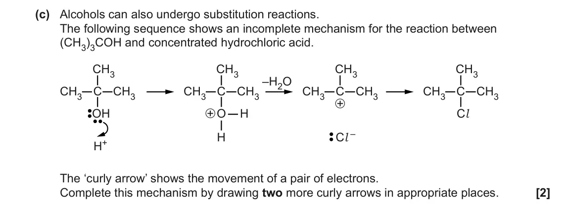 November 2021 Paper 3, question 1(c): Alcohols can also undergo substitution reactions. The following sequence shows an incomplete mechanism for the reaction between (CH3)3COH and concentrated hydro