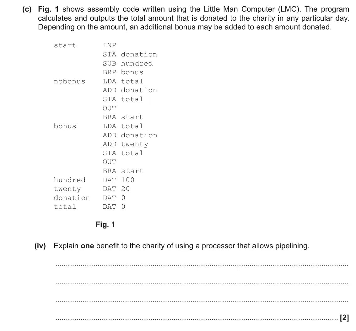 June 2022 Paper 1, question 1(c)(iv): Explain one benefit to the charity of using a processor that allows pipelining. [2]