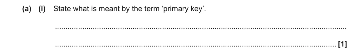 June 2022 Paper 1, question 2(a)(i): State what is meant by the term ‘primary key’. [1]