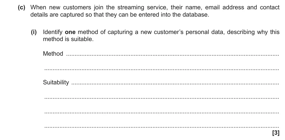 June 2022 Paper 1, question 2(c)(i): Identify one method of capturing a new customer’s personal data, describing why this method is suitable. Method Suitability [3]