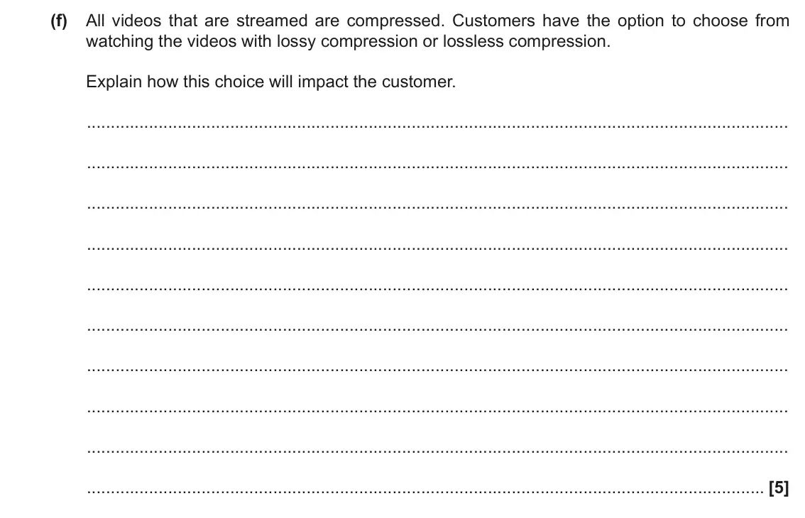 June 2022 Paper 1, question 2(f): All videos that are streamed are compressed. Customers have the option to choose from watching the videos with lossy compression or lossless compression. Explai