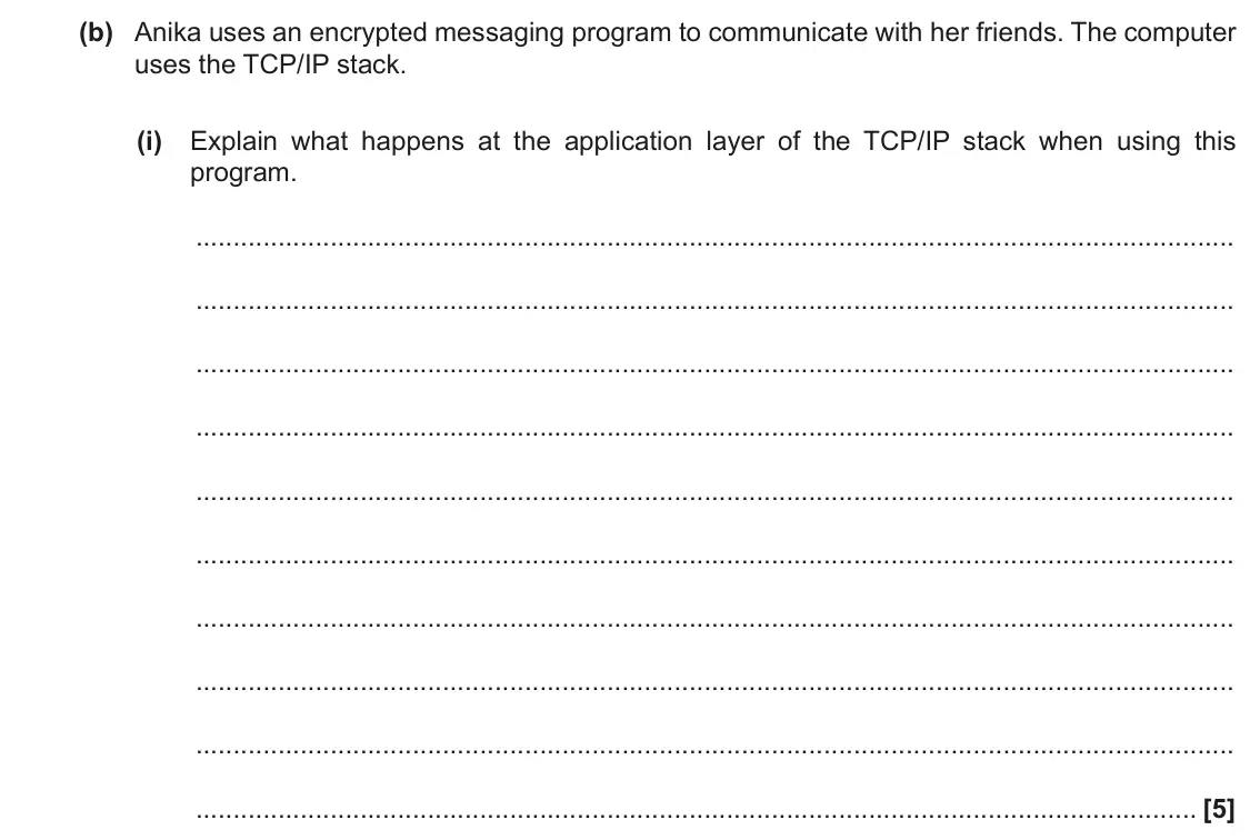 June 2022 Paper 1, question 6(b)(i): Explain what happens at the application layer of the TCP/IP stack when using this program. [5]