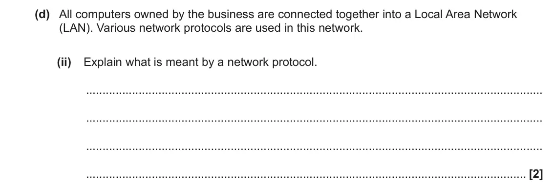 June 2023 Paper 1, question 1(d)(ii): Explain what is meant by a network protocol. [2]