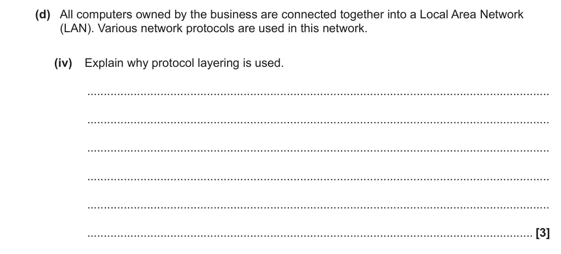 June 2023 Paper 1, question 1(d)(iv): Explain why protocol layering is used. [3]