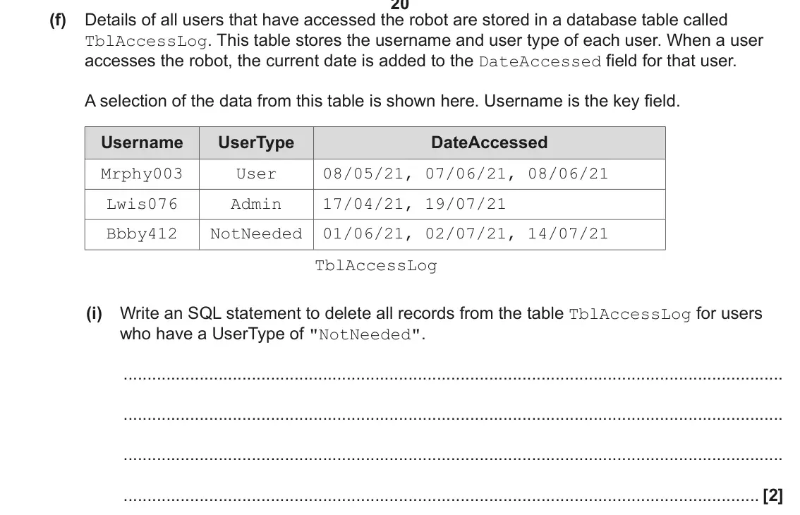 June 2023 Paper 1, question 4(f)(i): Write an SQL statement to delete all records from the table TblAccessLog for users who have a UserType of "NotNeeded". [2]
