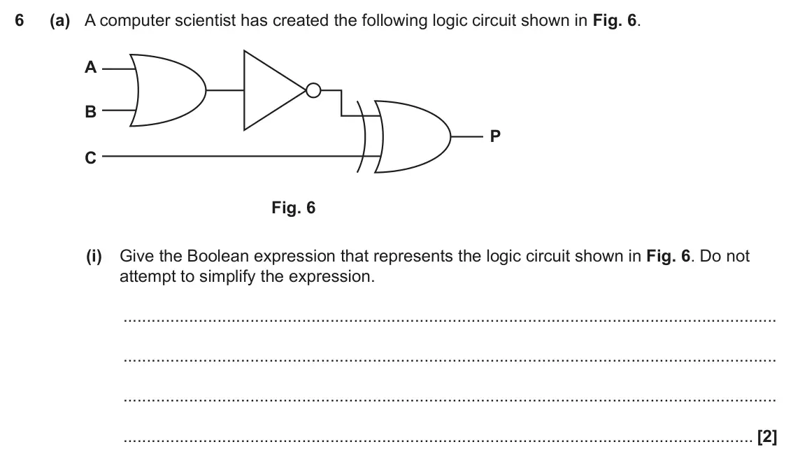 June 2023 Paper 1, question 6(a)(i): Give the Boolean expression that represents the logic circuit shown in Fig. 6. Do not attempt to simplify the expression. [2]