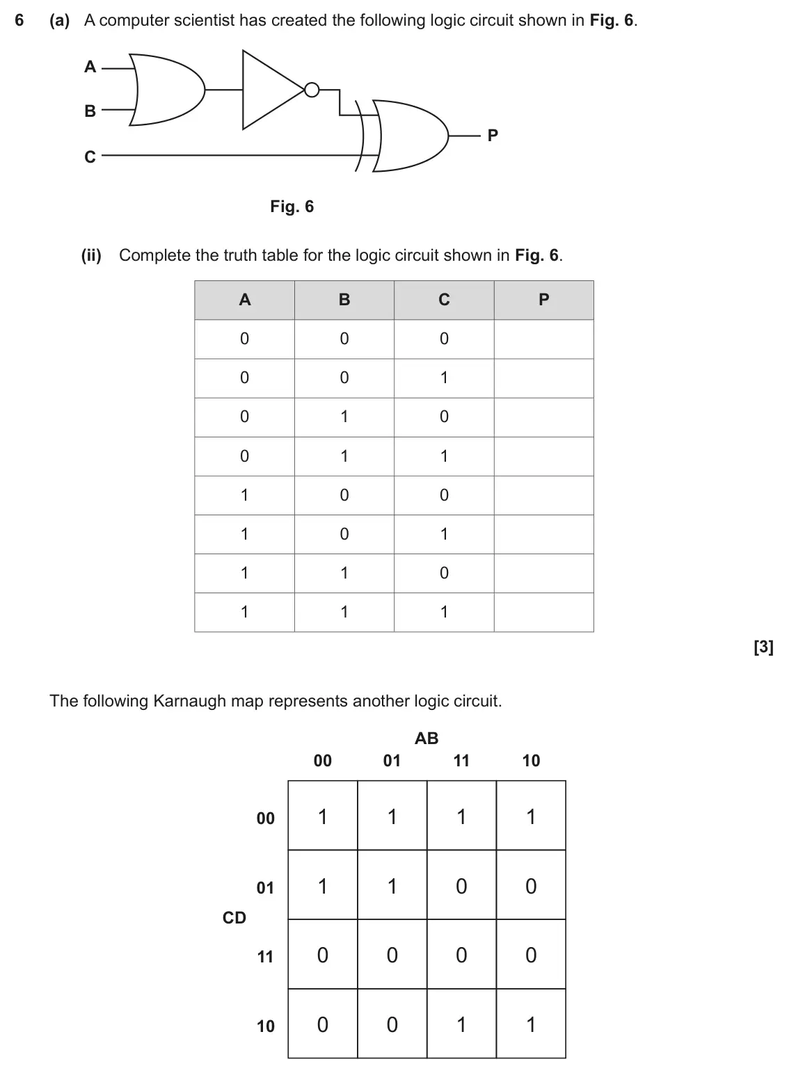 June 2023 Paper 1, question 6(a)(ii): Complete the truth table for the logic circuit shown in Fig. 6. A B C P 0 0 0 0 0 1 0 1 0 0 1 1 1 0 0 1 0 1 1 1 0 1 1 1 [3] The following Karnaugh map represent