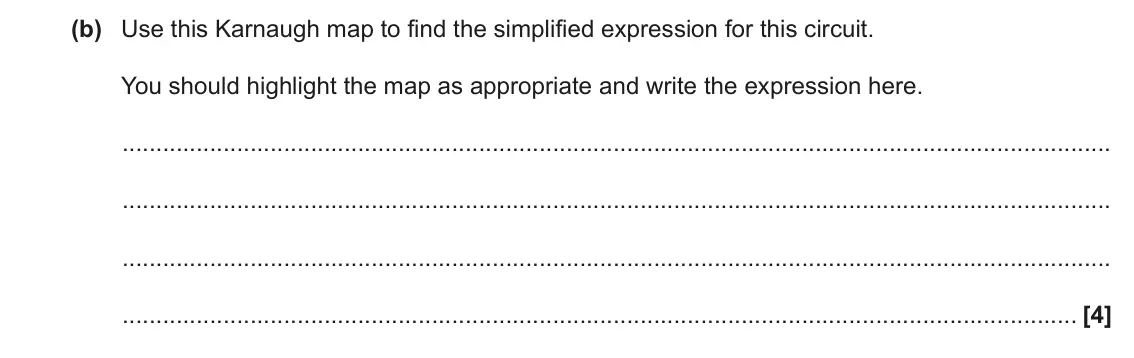 June 2023 Paper 1, question 6(b): Use this Karnaugh map to find the simplified expression for this circuit. You should highlight the map as appropriate and write the expression here. [4]