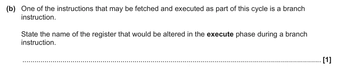 June 2024 Paper 1, question 1(b): One of the instructions that may be fetched and executed as part of this cycle is a branch instruction. State the name of the register that would be altered in