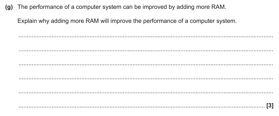 June 2024 Paper 1, question 1(g): The performance of a computer system can be improved by adding more RAM. Explain why adding more RAM will improve the performance of a computer system. [3]