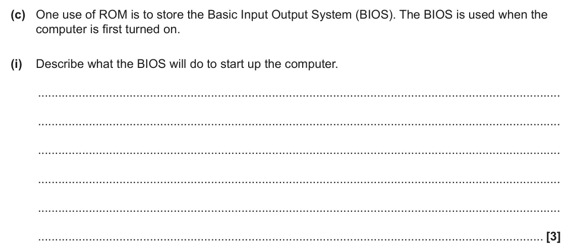 June 2024 Paper 1, question 2(c)(i): Describe what the BIOS will do to start up the computer. [3]
