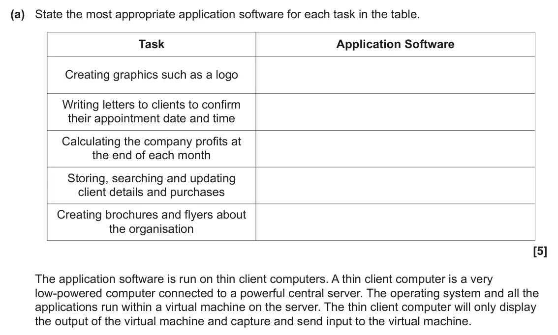 June 2024 Paper 1, question 3(a): State the most appropriate application software for each task in the table. Task Application Software Creating graphics such as a logo Writing letters to client