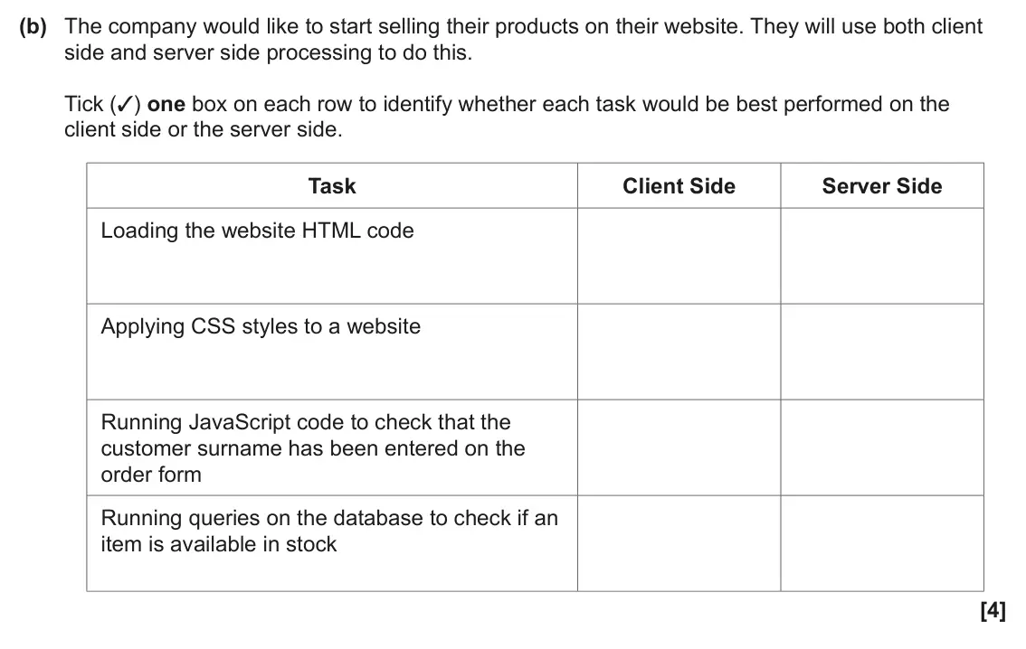 June 2024 Paper 1, question 6(b): The company would like to start selling their products on their website. They will use both client side and server side processing to do this. Tick (✓) one box