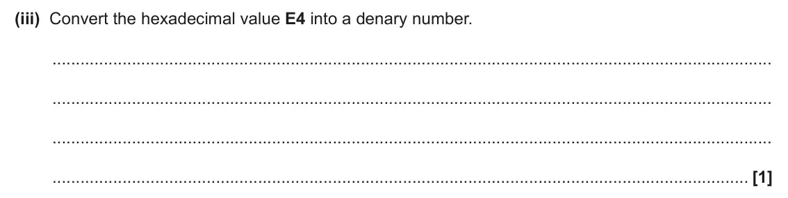 June 2025 Paper 1, question 3(a)(iii): Convert the hexadecimal value E4 into a denary number. [1]