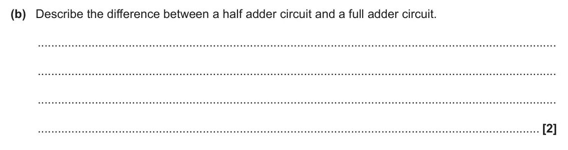 June 2025 Paper 1, question 5(b): Describe the difference between a half adder circuit and a full adder circuit. [2]