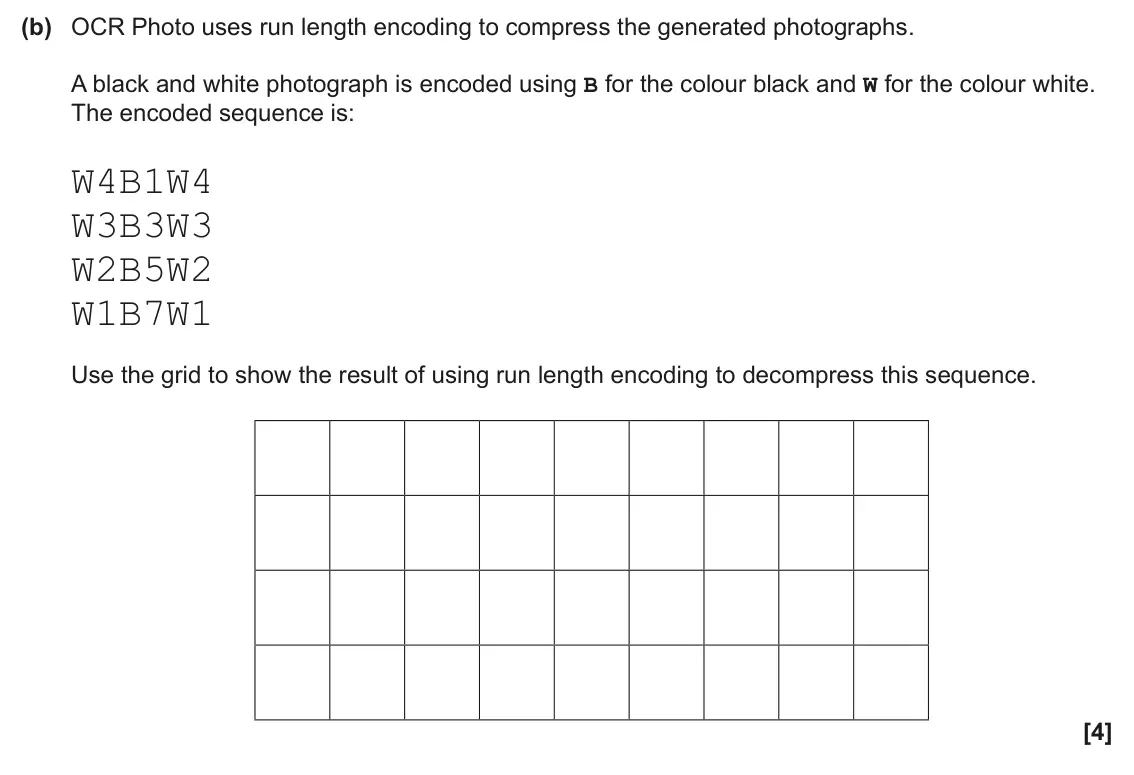June 2025 Paper 1, question 7(b): OCR Photo uses run length encoding to compress the generated photographs. A black and white photograph is encoded using B for the colour black and W for the col