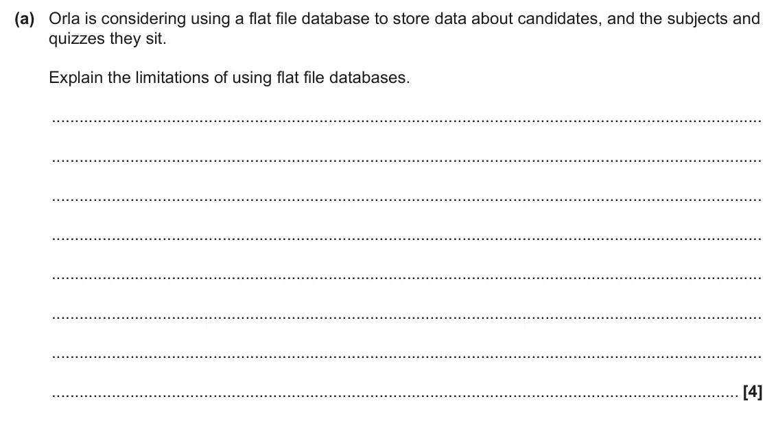 June 2025 Paper 1, question 8(a): Orla is considering using a flat file database to store data about candidates, and the subjects and quizzes they sit. Explain the limitations of using flat file