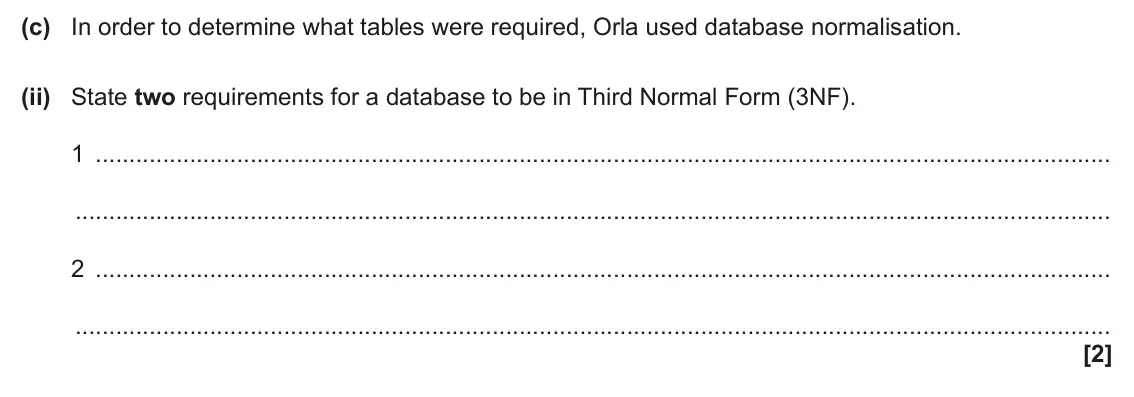 June 2025 Paper 1, question 8(c)(ii): State two requirements for a database to be in Third Normal Form (3NF). 1 2 [2]