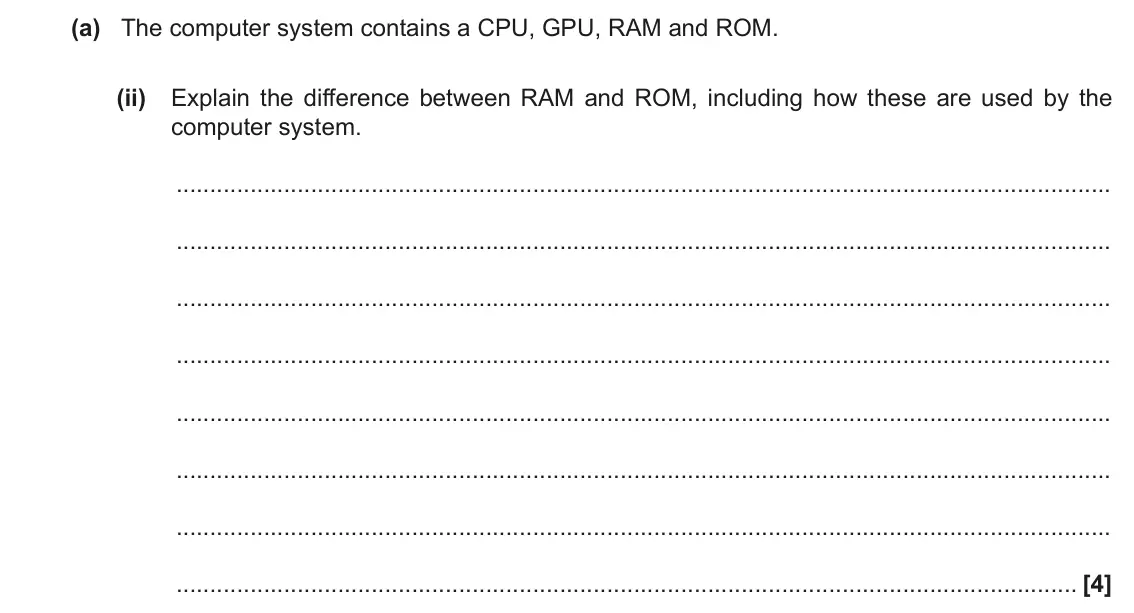 November 2021 Paper 1, question 1(a)(ii): Explain the difference between RAM and ROM, including how these are used by the computer system. [4]