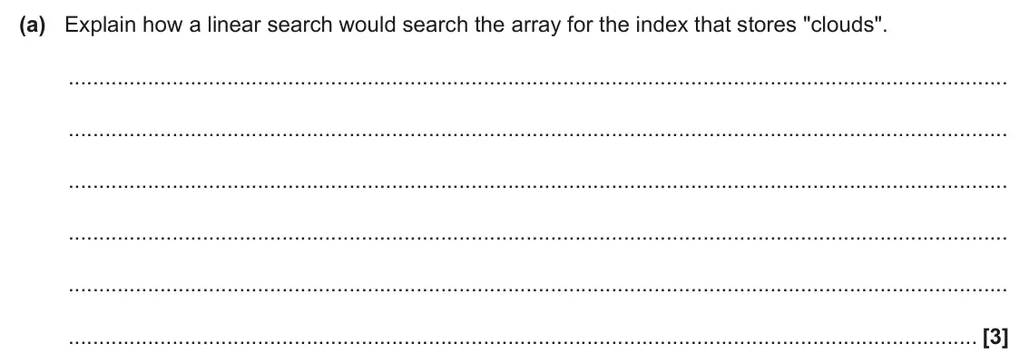 June 2024 Paper 2, question 6(a): Explain how a linear search would search the array for the index that stores "clouds". [3]