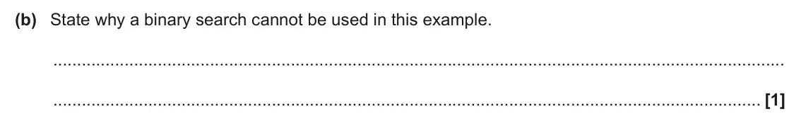 June 2024 Paper 2, question 6(b): State why a binary search cannot be used in this example. [1]