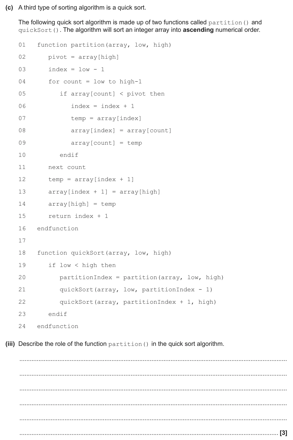 June 2025 Paper 2, question 1(c)(iii): Describe the role of the function partition() in the quick sort algorithm. [3]