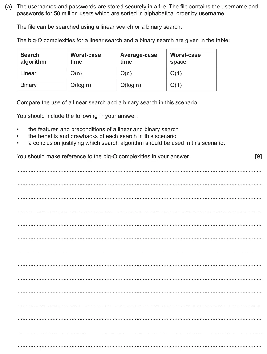 June 2025 Paper 2, question 2(a): The usernames and passwords are stored securely in a file. The file contains the username and passwords for 50 million users which are sorted in alphabetical or