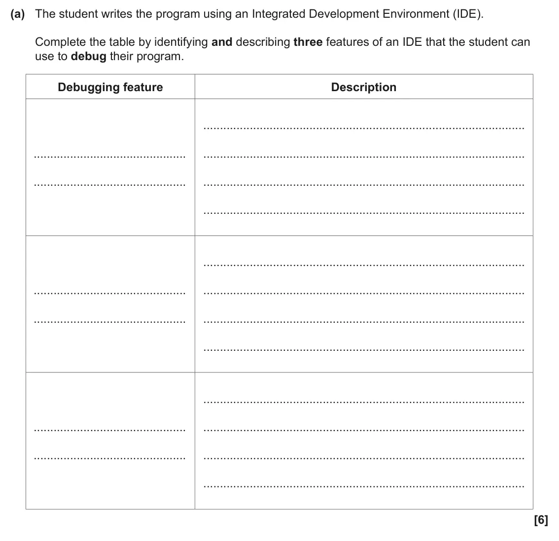 June 2025 Paper 2, question 6(a): The student writes the program using an Integrated Development Environment (IDE). Complete the table by identifying and describing three features of an IDE that