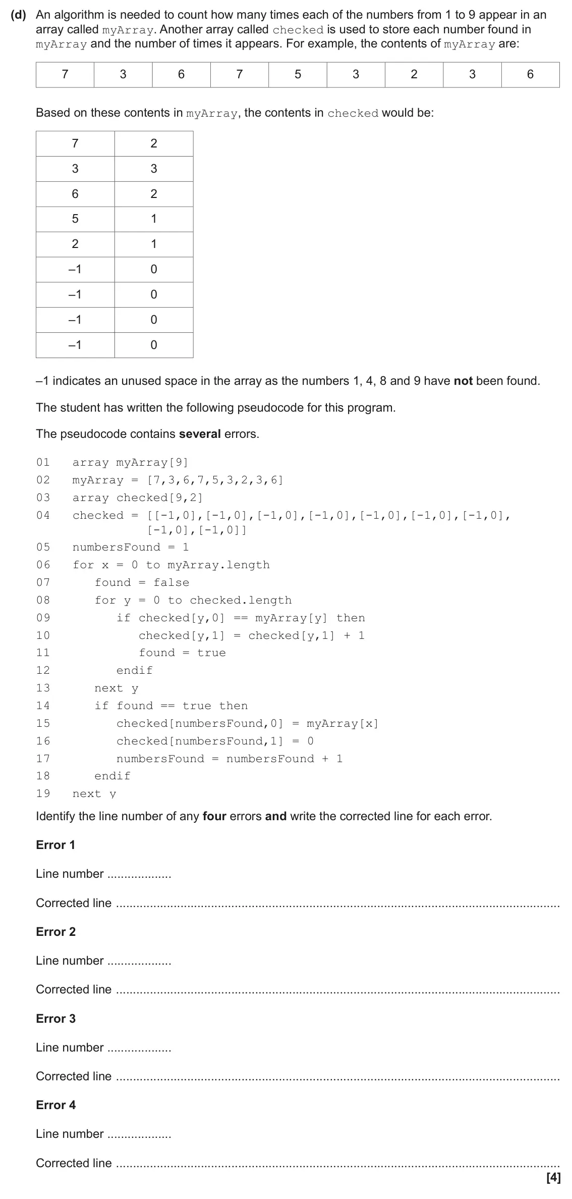 June 2025 Paper 2, question 6(d): An algorithm is needed to count how many times each of the numbers from 1 to 9 appear in an array called myArray. Another array called checked is used to store