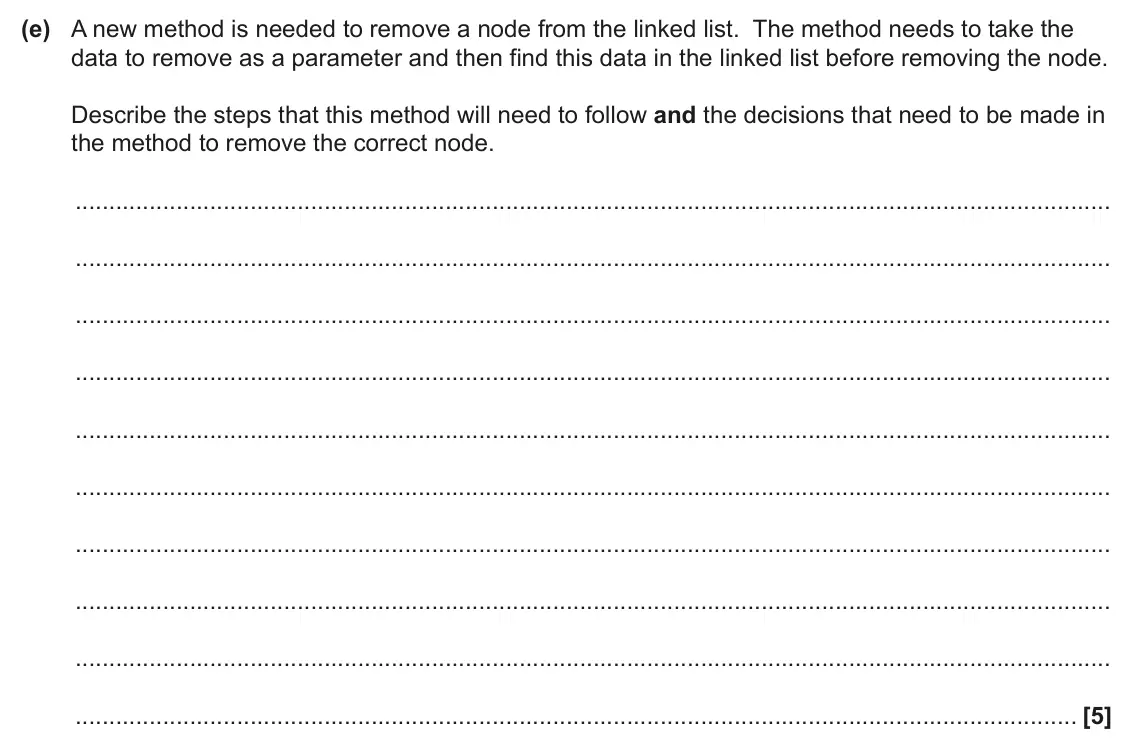 June 2025 Paper 2, question 8(e): A new method is needed to remove a node from the linked list. The method needs to take the data to remove as a parameter and then find this data in the linked l