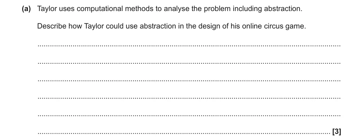November 2021 Paper 2, question 1(a): Taylor uses computational methods to analyse the problem including abstraction. Describe how Taylor could use abstraction in the design of his online circus gam