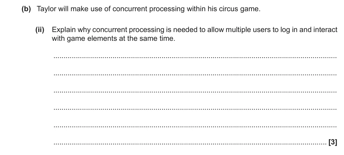 November 2021 Paper 2, question 1(b)(ii): Explain why concurrent processing is needed to allow multiple users to log in and interact with game elements at the same time. [3]