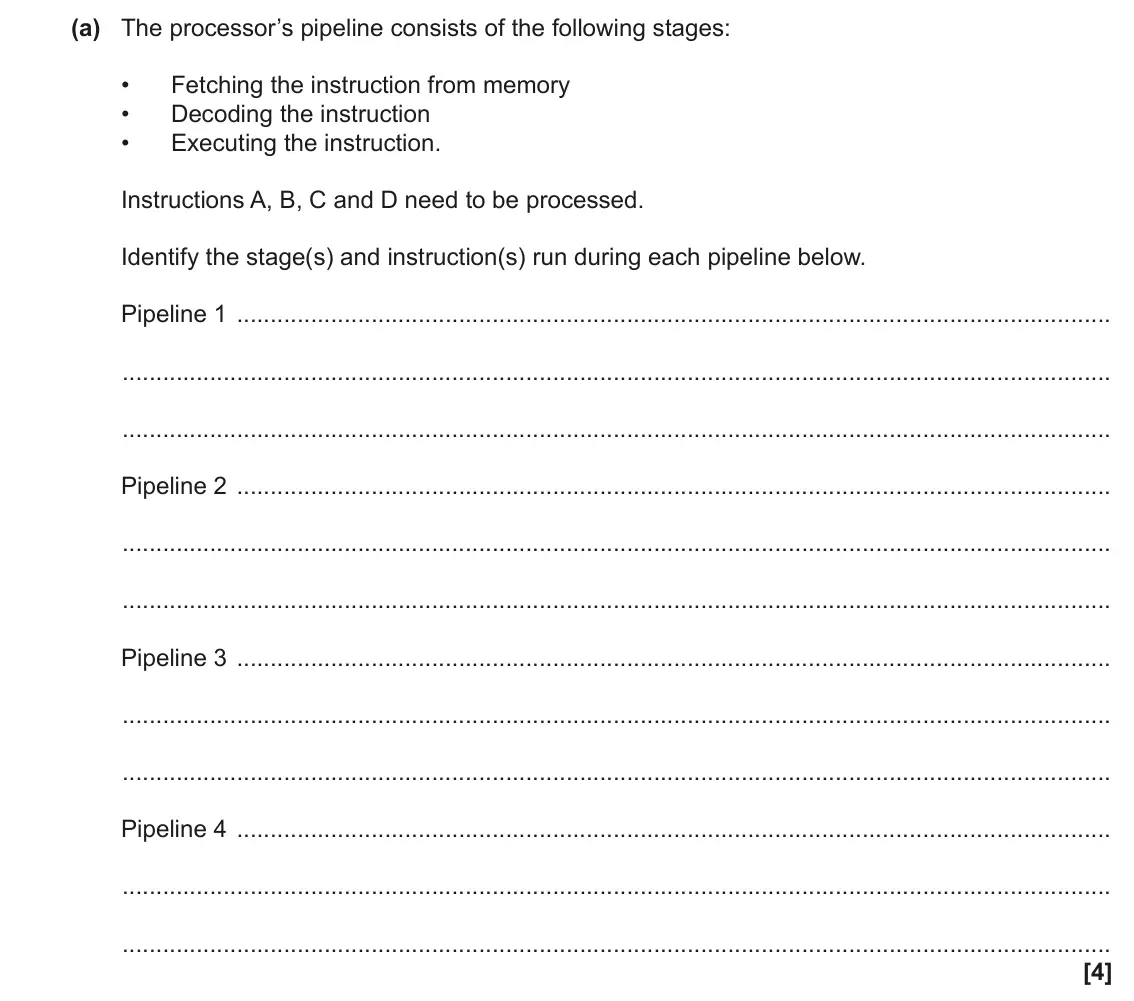 November 2021 Paper 2, question 6(a): The processor’s pipeline consists of the following stages: • Fetching the instruction from memory • Decoding the instruction • Executing the instruction. Instru