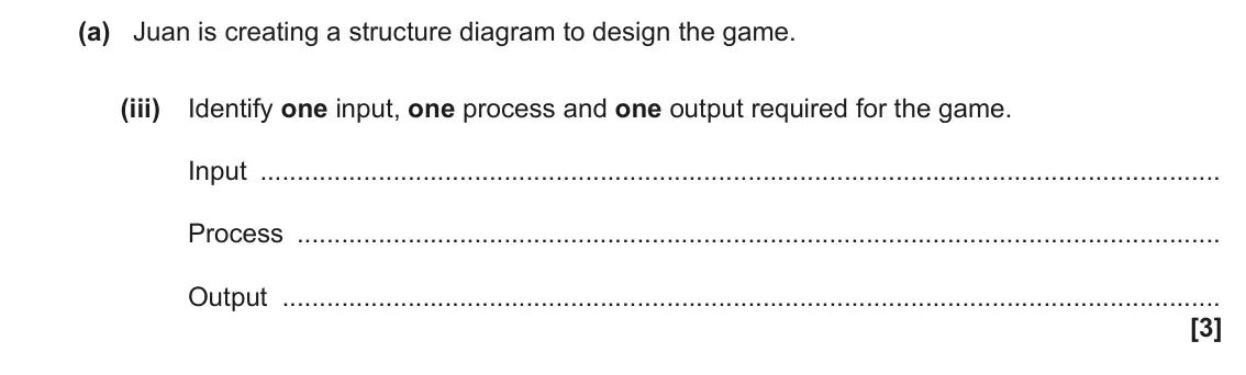 November 2021 Paper 2, question 8(a)(iii): Identify one input, one process and one output required for the game. Input Process Output [3]