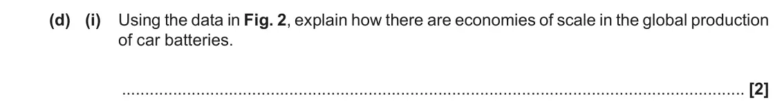 June 2022 Paper 1, question 1(d)(i): Using the data in Fig. 2, explain how there are economies of scale in the global production of car batteries. [2]