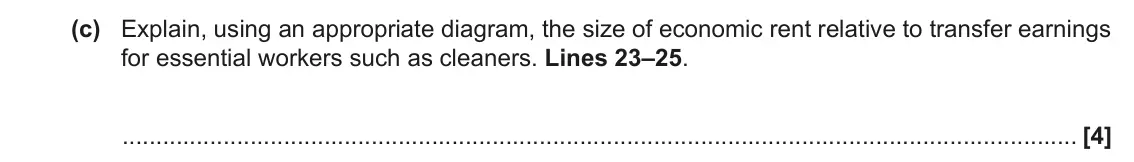 June 2023 Paper 1, question 1(c): Explain, using an appropriate diagram, the size of economic rent relative to transfer earnings for essential workers such as cleaners. Lines 23–25. [4]