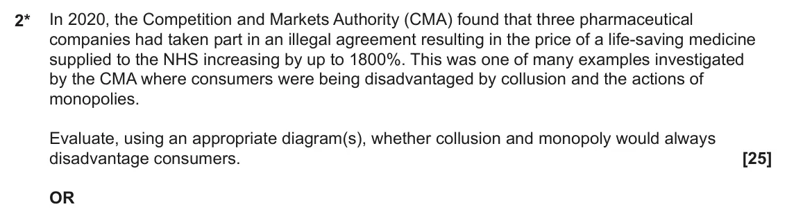 June 2023 Paper 1, question 2: 2* In 2020, the Competition and Markets Authority (CMA) found that three pharmaceutical companies had taken part in an illegal agreement resulting in the price