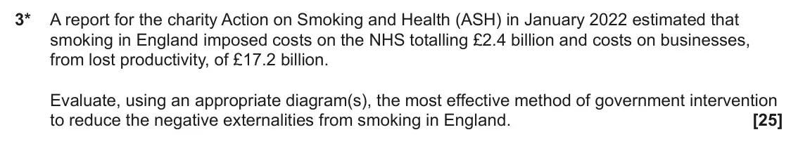 June 2023 Paper 1, question 3: 3* A report for the charity Action on Smoking and Health (ASH) in January 2022 estimated that smoking in England imposed costs on the NHS totalling £2.4 billion