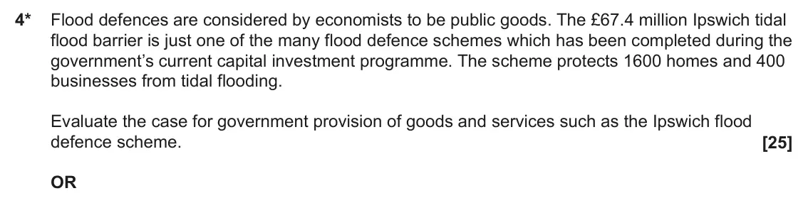 June 2023 Paper 1, question 4: 4* Flood defences are considered by economists to be public goods. The £67.4 million Ipswich tidal flood barrier is just one of the many flood defence schemes w