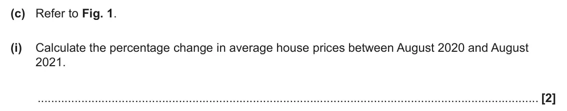 June 2024 Paper 1, question 1(c)(i): Calculate the percentage change in average house prices between August 2020 and August 2021. [2]