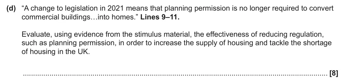 June 2024 Paper 1, question 1(d): “A change to legislation in 2021 means that planning permission is no longer required to convert commercial buildings…into homes.” Lines 9–11. Evaluate, using e